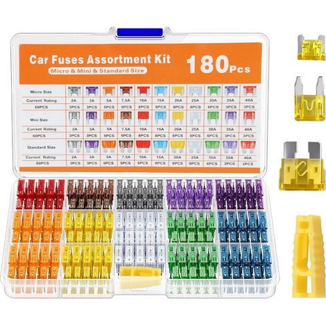 Kit de 180 fusibles à lame de voiture - 60 mini - 60 fusibles standard - Extracteur et boîte - 2 A, 3 A, 5 A, 7,5 A, 10 A, 15 A, 20 A, 25 A, 30 A, 35 A, 40 A - Pour moto, automobile, camping-car, SUV (1/5)