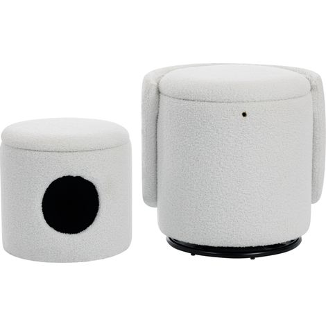 Taburete barril acolchado giratorio 360° con almacenaje, blanco, tejido Teddy, 75 cm (1/5)