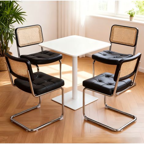 REDOM - Lot de 4 chaises de salle à manger, empilables, structure cantilever en chrome, rotin et similicuir noir (1/5)