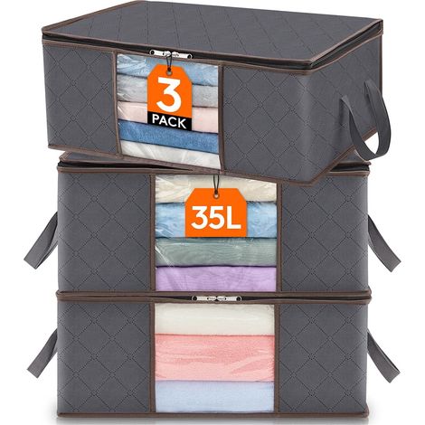 3 sacs de rangement pliables pour vêtements, cartons de déménagement pour couvertures, couettes et poignées renforcées, gris (1/5)
