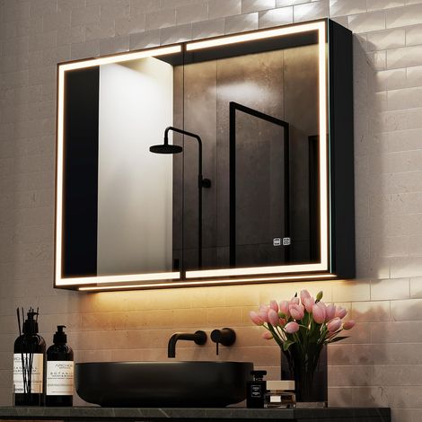 60x80cm Armoire Salle de Bain Miroir LED avec Anti-buée, Noir Mat (1/5)