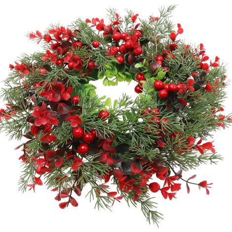Couronne de Noël artificielle, feuilles d’eucalyptus et baies rouges de houx, décoration suspendue pour porte et vitrine-45cm (1/5)