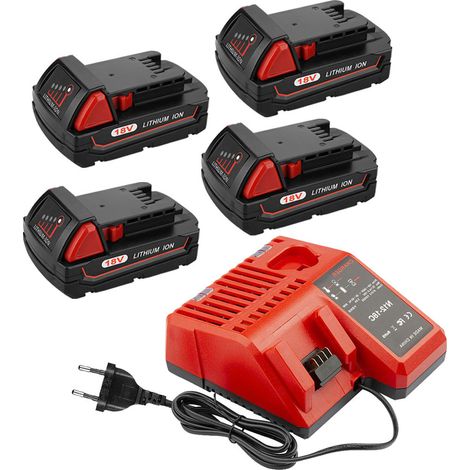 Powerwings – Batterie lithium 18V 3000mAh – Lot de 4 batteries M18B5 avec chargeur rapide – Compatible avec outils Milwaukee 12V-18V (1/5)