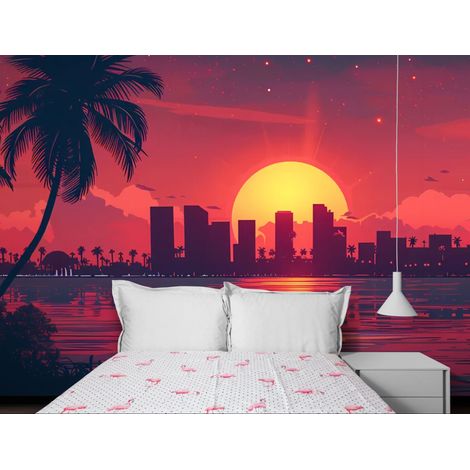 Papier Peint Tropical Sunset - Skyline Miami Mood - 150 x 250 cm (1/2)