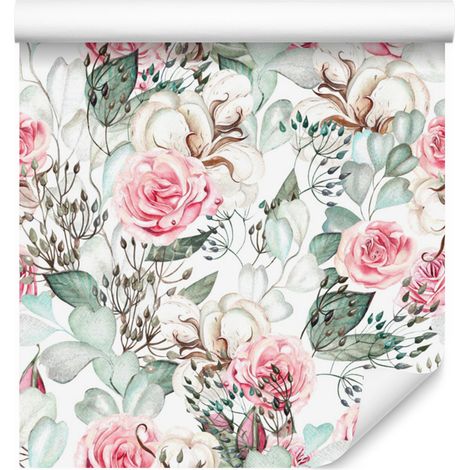 Papel pintado de rosas y hojas de eucalipto en estilo acuarela, 50x1000 cm. (1/5)