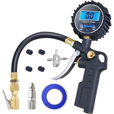 Gonfleur de pneus numérique avec manomètre, résolution de l'affichage de 0,1 250 PSI Accessoires pour compresseur et mandrin à air robuste avec tuyau en caoutchouc et raccord rapide (1/4)