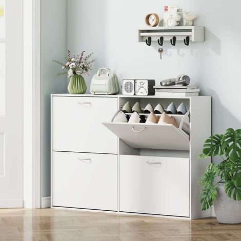 Armoire à Chaussures Meuble à Chaussures Grande Taille dim. 120L x 24l x 81H cm 4 Portes abattantes Double Niveau en Bois Blanc