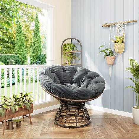 Sillón papasan giratorio 360° con cojín grueso, acero y ratán PE, gris HAVRYA (1/5)