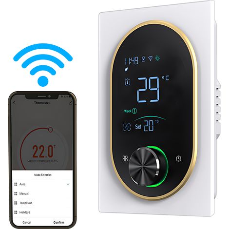 Thermostat intelligent pour chauffe-eau électrique, chaudière à gaz et climatisation, avec écran tactile numérique VA et bouton de réglage. Programmation hebdomadaire 5+1+1 : mode manuel, automatique (1/2)