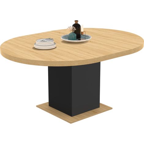 Idmarket – Table à manger extensible ronde 4-8 personnes – Bois clair et noir – Longueur 120-160 cm – Pied central robuste – Style moderne (1/5)