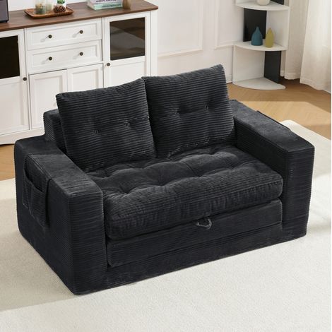 Sofá cama de 2 plazas en pana negra con reposabrazos anchos y bolsillos laterales OKWISH (1/5)