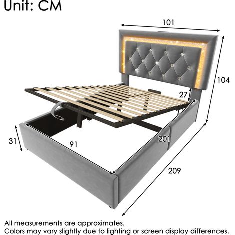 Lit Simple Velours 90x200 cm avec Tête de Lit Diamantée LED, Station de Charge USB-C, Coffre Hydraulique, Sommier Intégré, Gris, Matelas Inclus