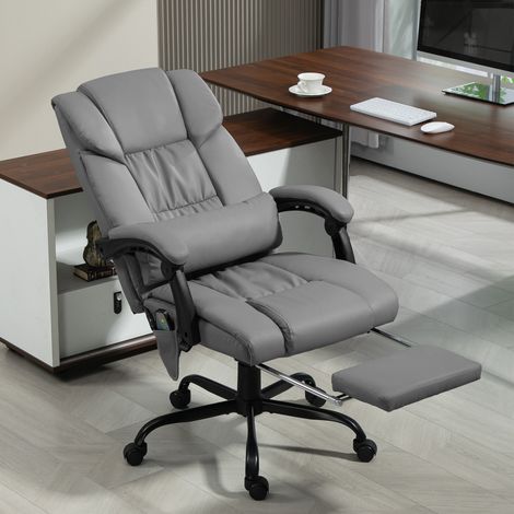 Chaise de bureau grise avec massage à 6 points, repose-pieds inclinable en hauteur haute et télécommande