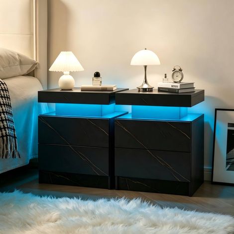 Set di 2 comodini con luci LED regolabili, 2 cassetti, vano aperto, truciolare, nero e oro (1/5)