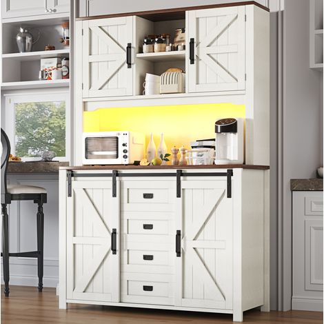 Buffet de cuisine 115x40x174.7 cm blanc en MDF et métal avec portes coulissantes, tiroirs et LED (1/5)
