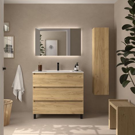 Cygnus Bath – Meuble de salle de bain BEQUIA 100cm – Chêne – Vasque en porcelaine blanche – Tiroirs à fermeture amortie – Finition Gris Onix