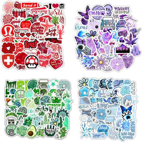 Sticker - Pack 200 Unités - Vinyle Imperméable - Pour Bouteille Eau Ordinateur Téléphone Skateboard - Rose Violet Vert Bleu (1/5)