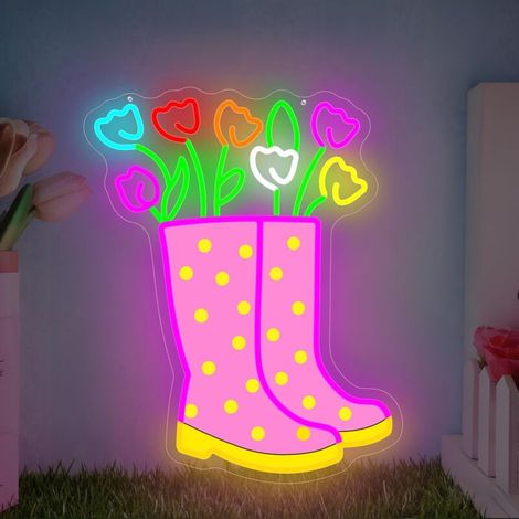 Lampe lumineuse néon botte de pluie tulipe printanière, intensité variable, fleur néon, botte tulipe à pois, décoration murale LED de Pâques, bureau, maison, jardin printanier (1/5)