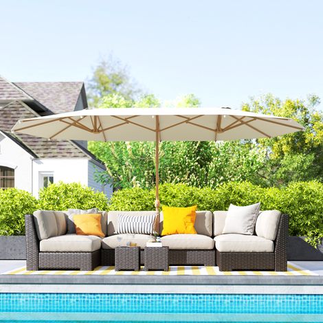 Parasol jardin double 455x265cm rectangulaire manivelle poteau acier polyester 180g/m² abri soleil UPF30+