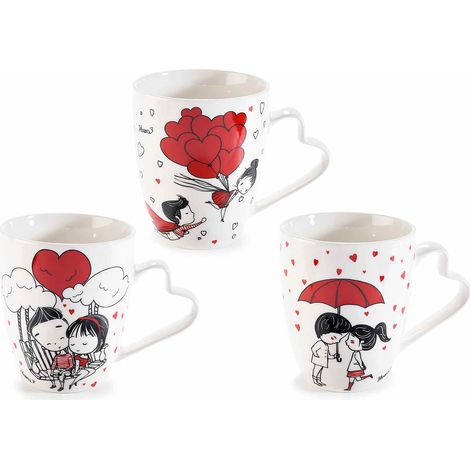 Tazze di San Valentino in porcellana da 350 ml con manico a forma di cuore e design innamorati, set da 6 pezzi, Ø 8 cm x 10,5 H