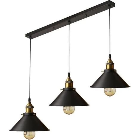 2PCS Lustre Suspension Industrielle 3 Luminaire 22cm , Vintage Métal Abat-Jour pour Salon Cuisine Chambre et Restaurant, Noir (1/4)