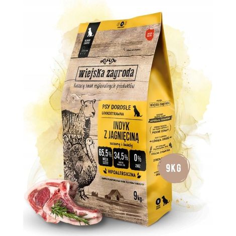 Alimento seco para perros Wiejska Zagroda, sabor pavo con cordero, razas medianas, M, 9 kg.