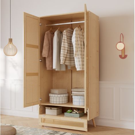 Armadio 90x45x183 cm, 2 ante, asta appendiabiti, vano inferiore apribile, rete effetto rattan, legno, naturale (1/5)