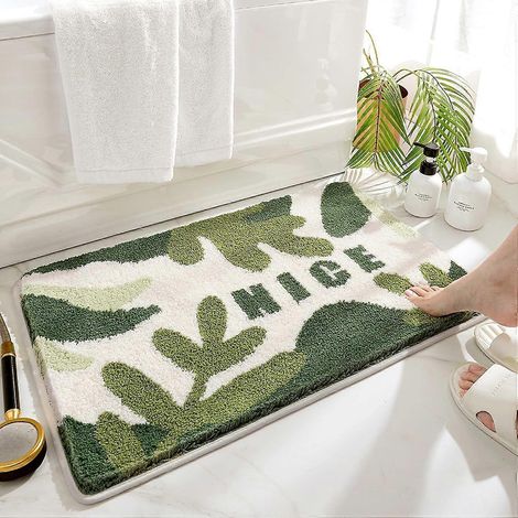 Tapis de bain antidérapant, tapis de bain doux en microfibre, tapis de douche absorbant lavable en machine pour salle de bain, cuisine, chambre, porte (feuille verte, 50 x 80 cm) (1/5)