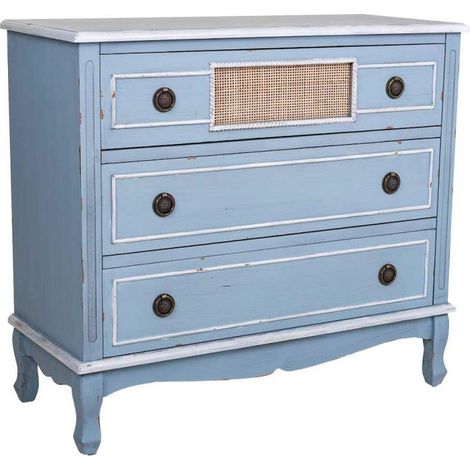 Commode bleu en bois et rotin ambiance bord de mer élégante - Bleu patiné bois naturel (1/5)
