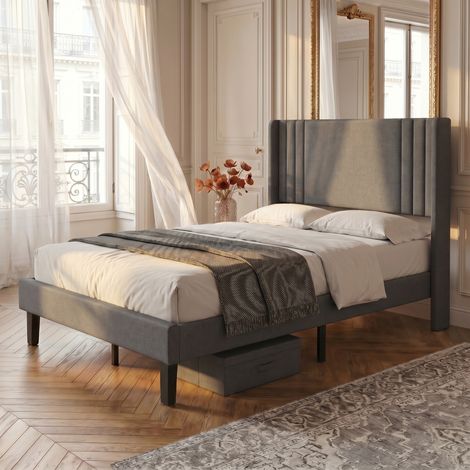 Letto singolo 90x200 cm con testiera ad ali, vano contenitore sotto il letto, rete a doghe, design silenzioso