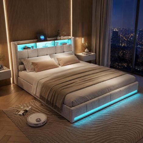 Lit coffre double adulte 140x190 cm en lin avec LED RGB, coffre et 4 tiroirs, sommier à lattes, chargement USB, design silencieux (1/5)