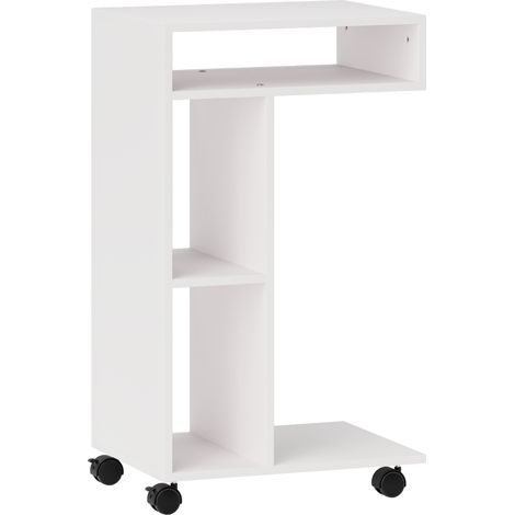 Table d'appoint, table basse avec roulettes, bureau avec 4 étagères, table de canapé, table pour ordinateur portable, table de chevet, pour salle à manger et salon, blanc