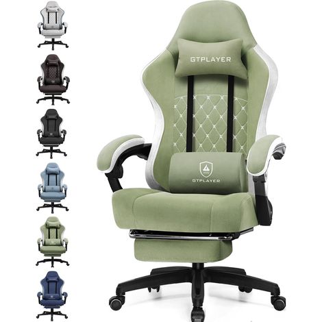 GTPLAYER Chaise de gaming ergonomique avec surface en tissu, coussin de siège à ressort, accoudoirs de connexion et repose-pieds,Vert