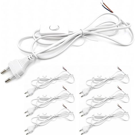 Lot de 6 câbles avec prises, cordons d'alimentation Blanc de 1,8 mètre, câbles de connexion avec prises, cordons d'alimentation avec interrupteur, pour ampoules, lampes, lampes de table et lampadaires (1/5)