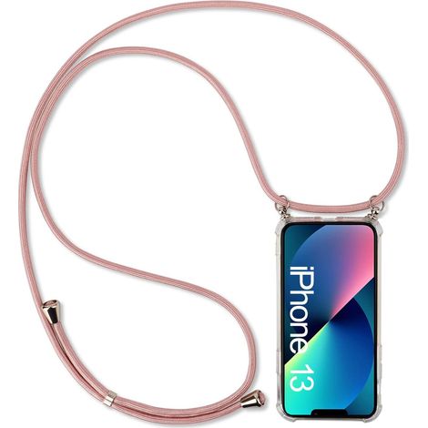 CUSTODIA IN SILICONE TRASPARENTE PER IPHONE 13 CON CORDINO ORO ROSA 80cm (1/5)