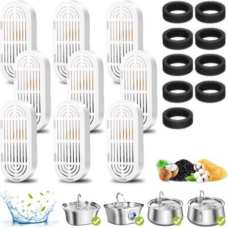9 Packs de Filtres pour Fontaine à Eau pour Chat et 9 Packs d'Éponges de Remplacement, pour Fontaine Eau Chat en Acier Inoxydable de 3.2L (1/5)