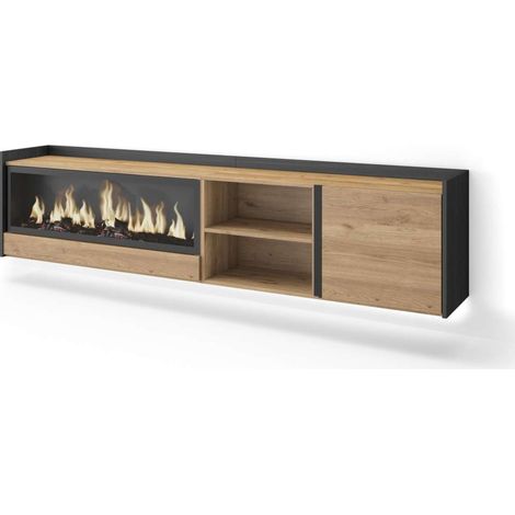 Mueble TV Pizarra-01 de 212x50x35 cm con chimenea y luces LED, suspendido, color roble y negro (1/4)