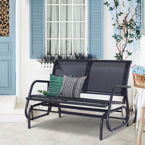 Panchina a dondolo da giardino 2 posti in metallo nero con seduta e schienale in rete, 120x70x85 cm (1/5)
