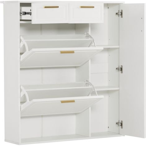 Mobile portascarpe moderno bianco con ripiani regolabili, cassetti e ante, 95 x 24 x 107,5 cm (1/5)