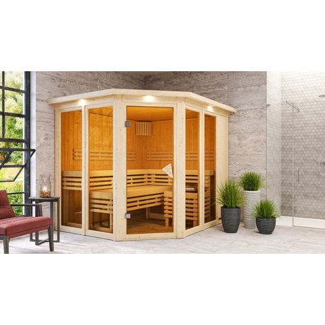 Karibu Innensauna Ainur 3 Innensauna 3 Sitzbänke aus Holz , Saunakabine mit 68 mm Wandstärke Dampfsauna (1/5)