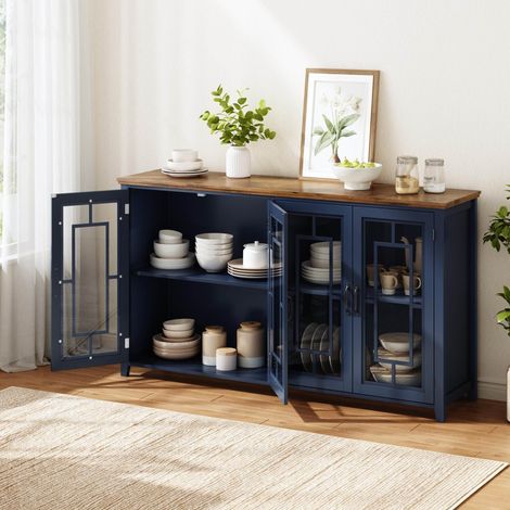 Aparador de cocina 160x40x86 cm, puertas de cristal, amplio almacenaje, MDF azul (1/5)