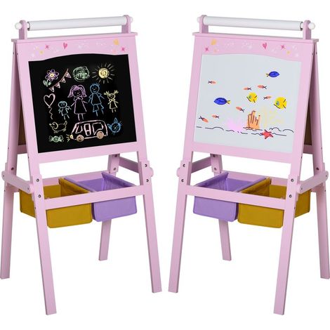 3 en 1 Tableau Enfant - chevalet Enfant - Ardoise Double Face - Tableau Blanc Tableau à Craie - Rouleau Papier avec accessoires + paniers Rangement intégrés - MDF Rose (1/5)