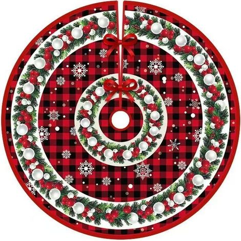 Jupe de sapin de Noël à carreaux et flocons de neige, en polyester peluche court, 120 cm, décoration de Noël pour la maison 90 cm - 3 (1/3)