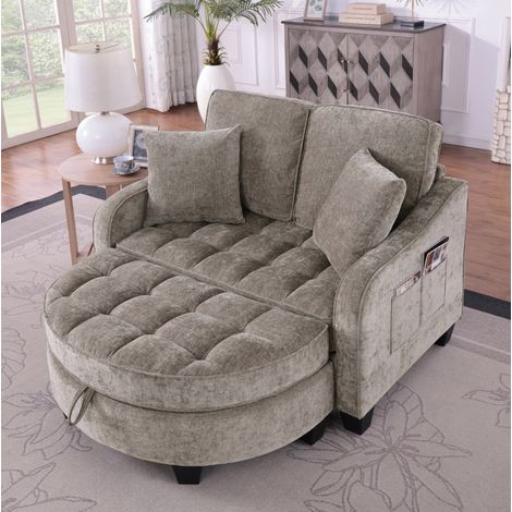 Divano letto 132x129x93 cm, convertibile in chaise longue e letto per bambini, con pouf contenitore, eucalipto, marrone (1/5)