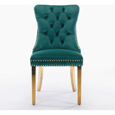 Série Moderne — Lot de 2 chaises de salle à manger modernes haut de gamme : Structure en bois massif, revêtement en velours rembourré, pieds en acier inoxydable plaqué or, agrémentées d'une finition d