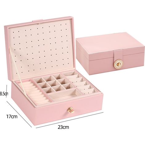 Große Schmuckschatulle aus PU-Leder mit 3 Ablagen, stapelbar und mit Ständer, rosa, zur Aufbewahrung von Halsketten, Ohrringen, Armbändern und Ringen.