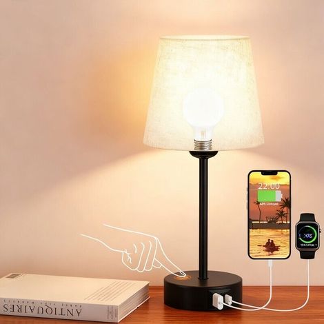 lampes de chevet, lampes de table tactiles à intensité variable 3 voies avec ports de charge USB-A+C, lampes de table pour salon et chambre avec abat-jour en lin beige (ampoule incluse) (1/5)