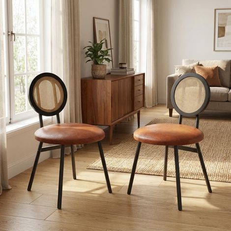 Lot de 2 chaises de salle à manger en rotin naturel et assise rembourrée - Design ergonomique - Structure en métal - Style Industriel & Boho (1/5)