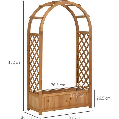 Pot d'extérieur à fond creux en bois d'épicéa brun, avec arche décorative et treillis pour plantes grimpantes, 83 x 36 x 152 cm (1/5)