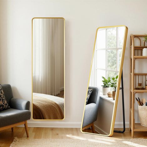 Grand Miroir sur Pied, 162 x 50 cm, avec Cadre en Aluminium renforcé et Dos Solide, Miroir Mural HD aux Coins arrondis pour Salon, Chambre, Salle de Bain, Doré (1/5)